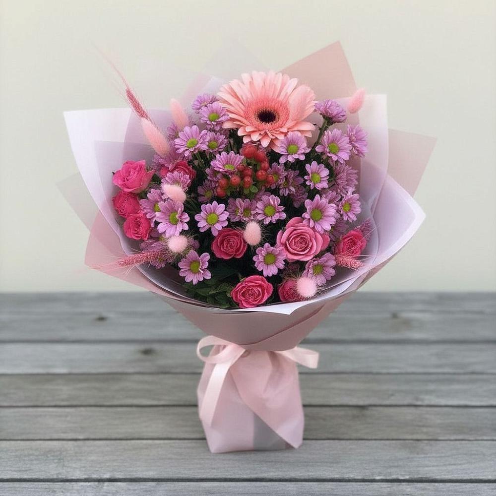 Букет цветов из: Розы, Герберы и Хризантемы в Новомалороссийской