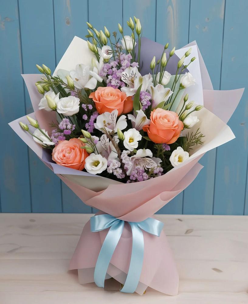 Букет цветов из: Лизиантусы, Розы, Альстромерии и Гипсофила в Новомалороссийской