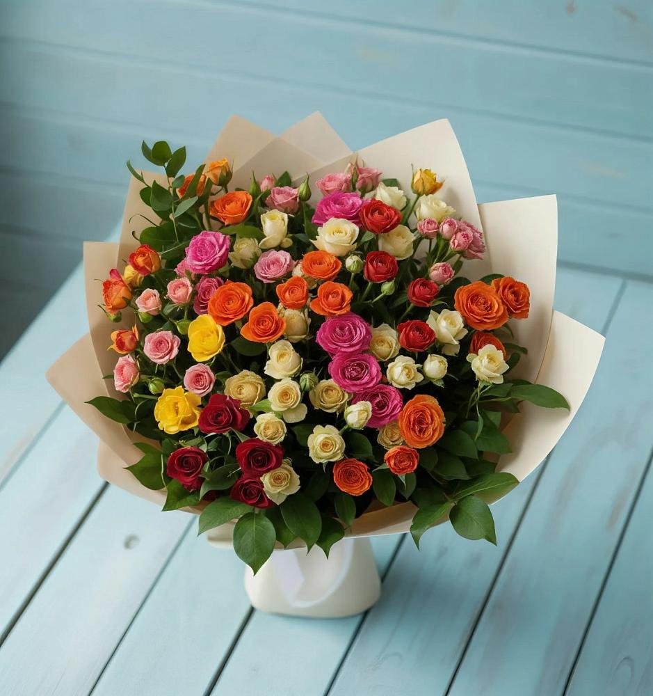 Букет Микс из разноцветных кустовых роз в Новомалороссийской